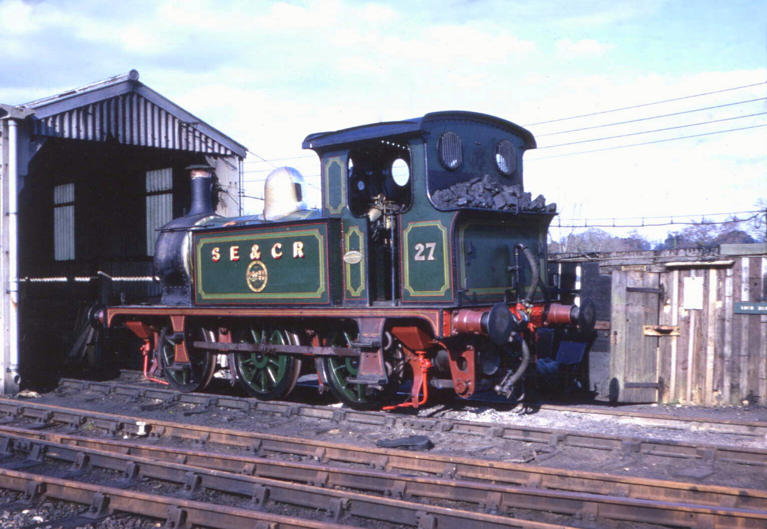 The late Gerry Butler's photo shows the loco outside the Bluebell's original, small, loco shed at Sheffield Park on 27 March 1971.